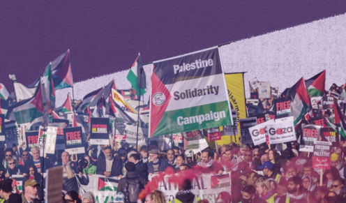 Equity's colours behind a rally display of pro-Palestine banners.