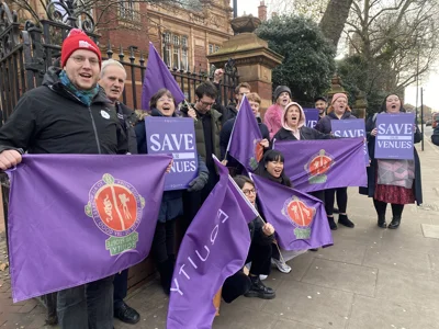 Equity members and activists with banners and flags outside Newham Town Hall