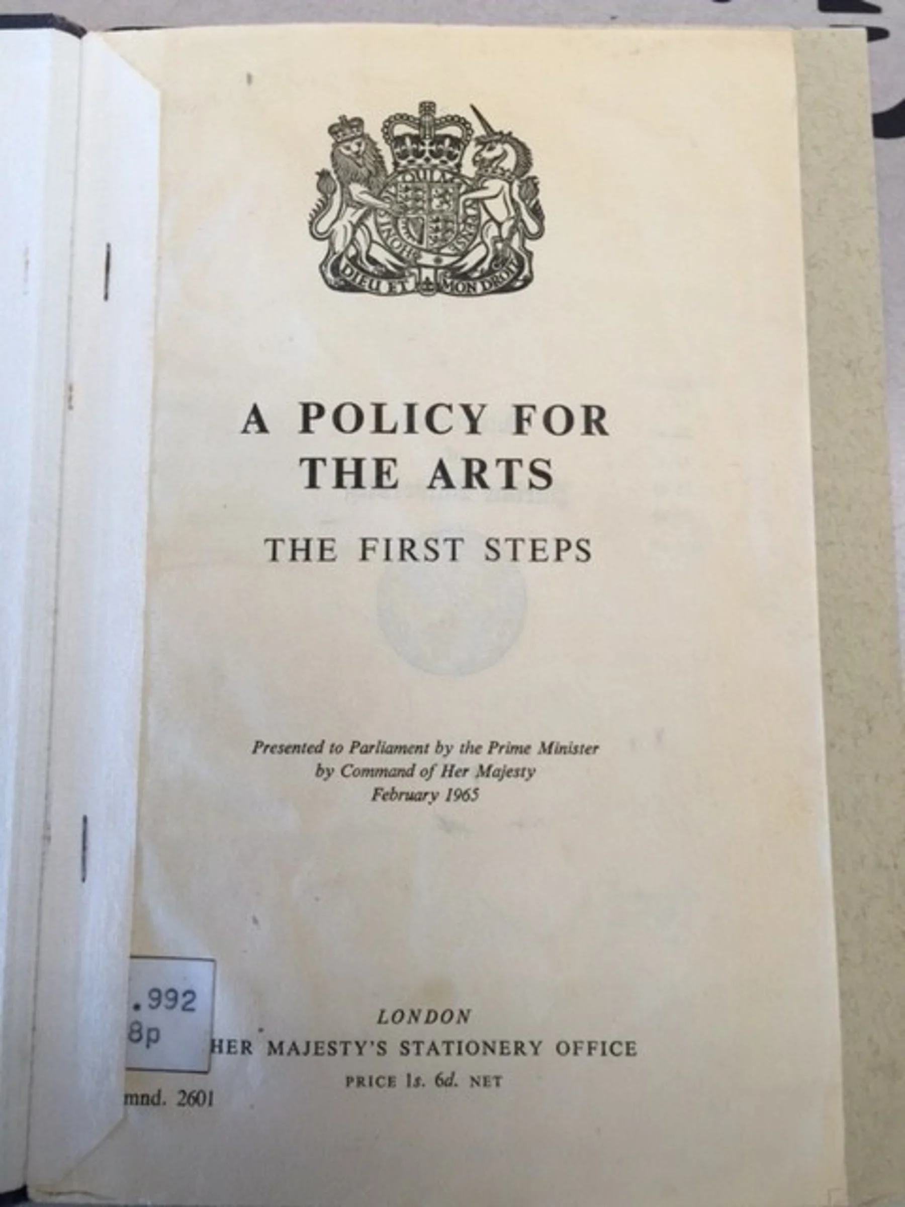 First page of document A Policy for the Arts - First Stems, 1965